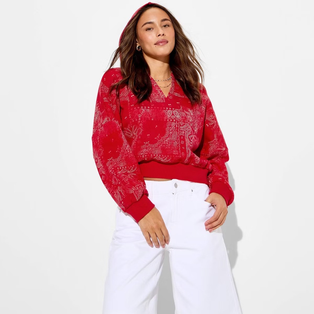 Womens Split Neck French Terry Pullover Sweatshirt Hood Wild Fable Red Paisley M
